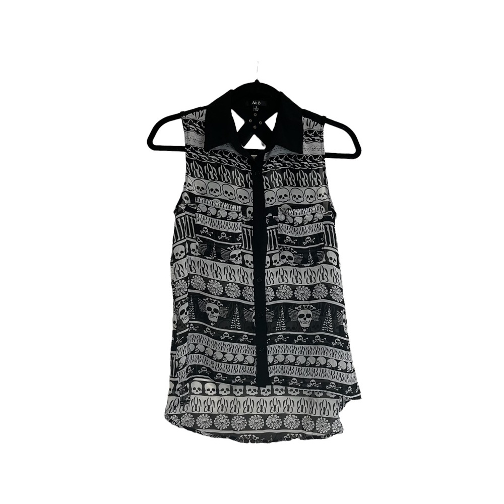 ALT B Black White Sheer Button Up Skulls Sleeveless Blouse Top Womens Size S